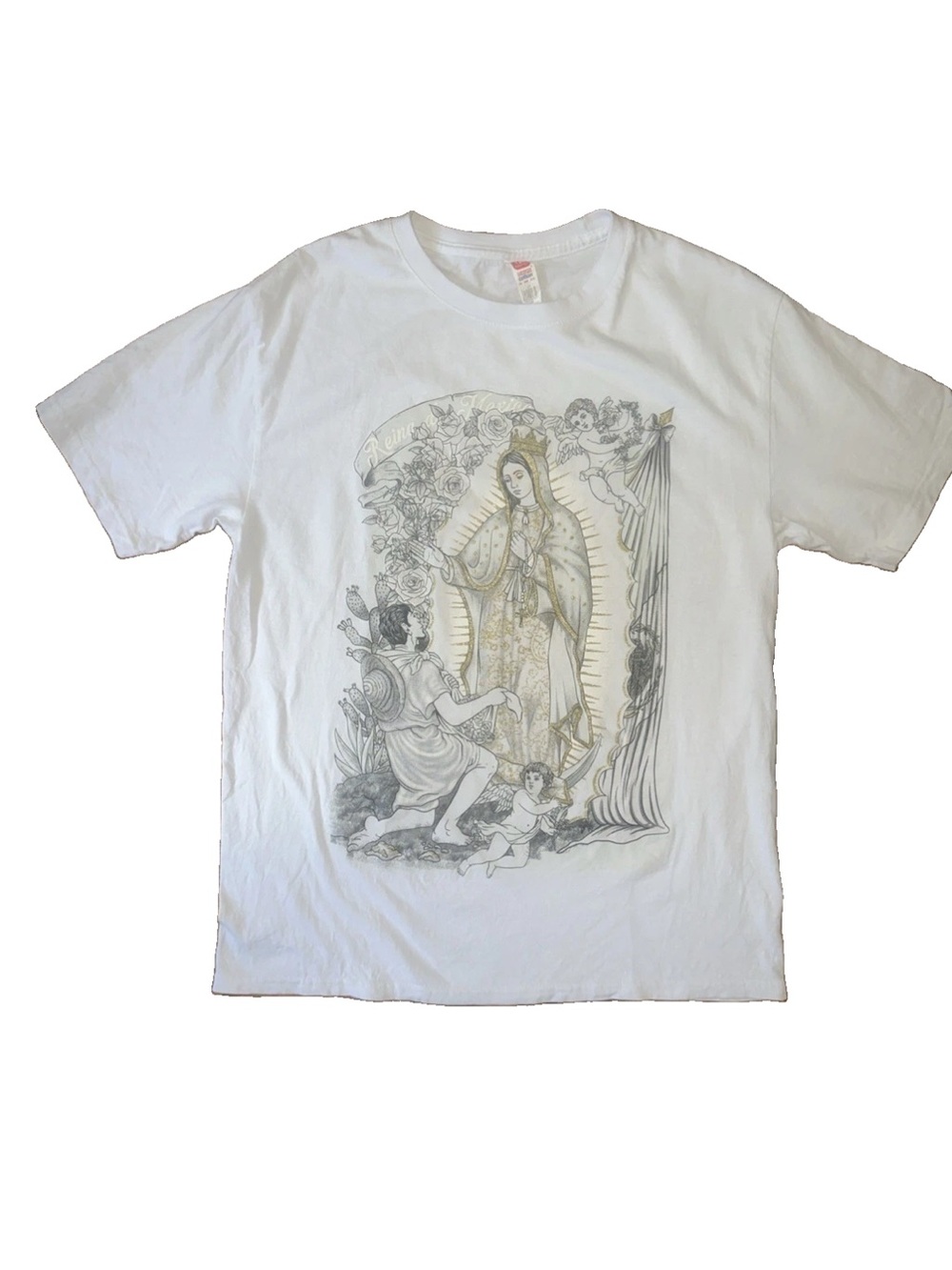 Vintage Y2k Jesus Tee Virgin Mary Shirt White Gold Large